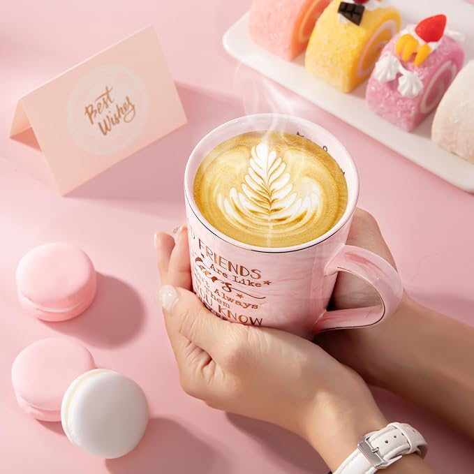 Best Friend Birthday Gifts for Women, Valentines Friendship Gifts for Women - Good Friends are Like Stars - Funny 14Oz Pink Ceramic Gold Print Mug, Presents for BFF, Sisters, Besties, Nice Gift Boxed