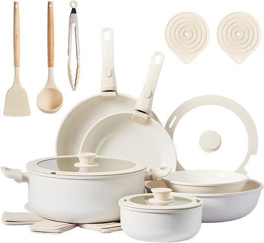 Bonnlo 22 Pcs Nonstick Pots and Pans Set with Lids, Kitchen Cookware Set with Detachable Handle Include Saucepan, Frying and Saute Pan, PFAS PFOA & PFOS Free, RV Induction, Aluminum, Cream White