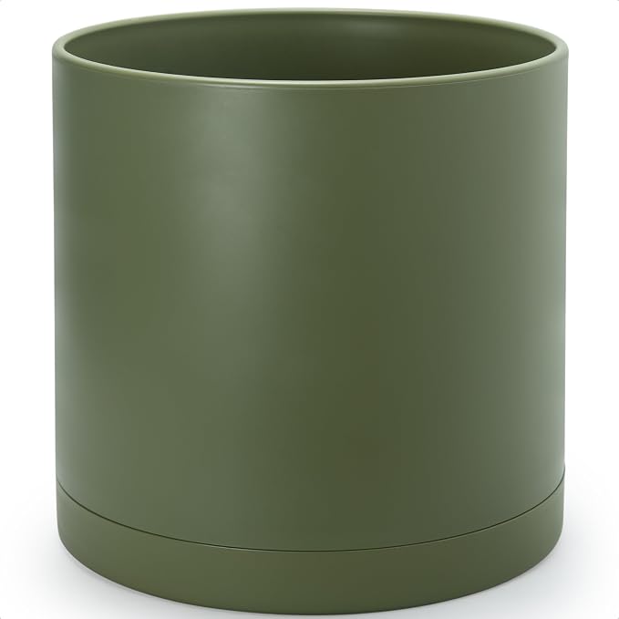 D'vine Dev 16 Inch Plastic Planter Pots for Plant Pot with Drainage Hole and Seamless Saucers, Olive, 74-X-I-5