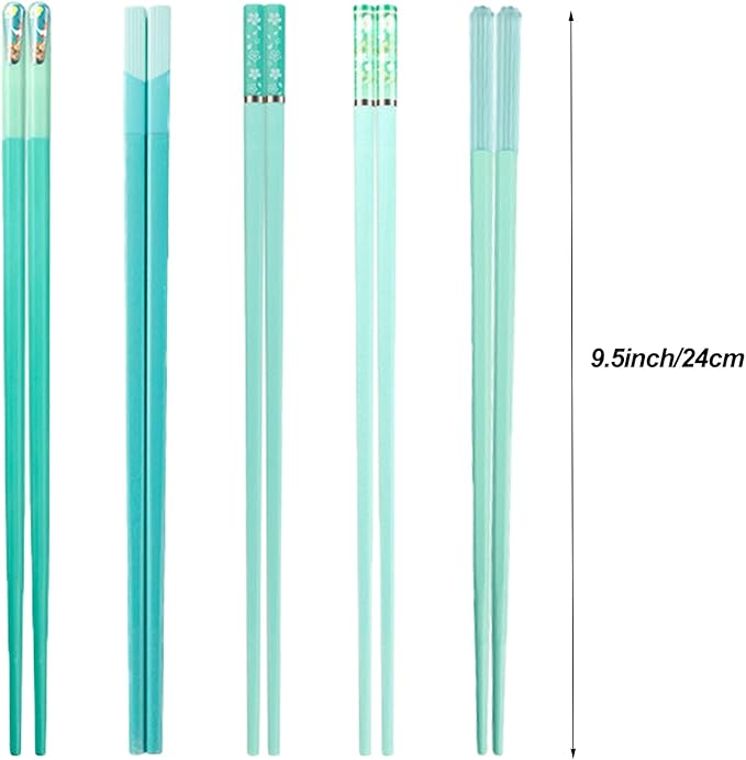 Chopsticks Reusable Dishwasher Safe, 9.57 inches Premium Non-slip Fiberglass Chop Sticks, Japanese Chinese Korean Chopstick for Party, Green, 5 Pairs