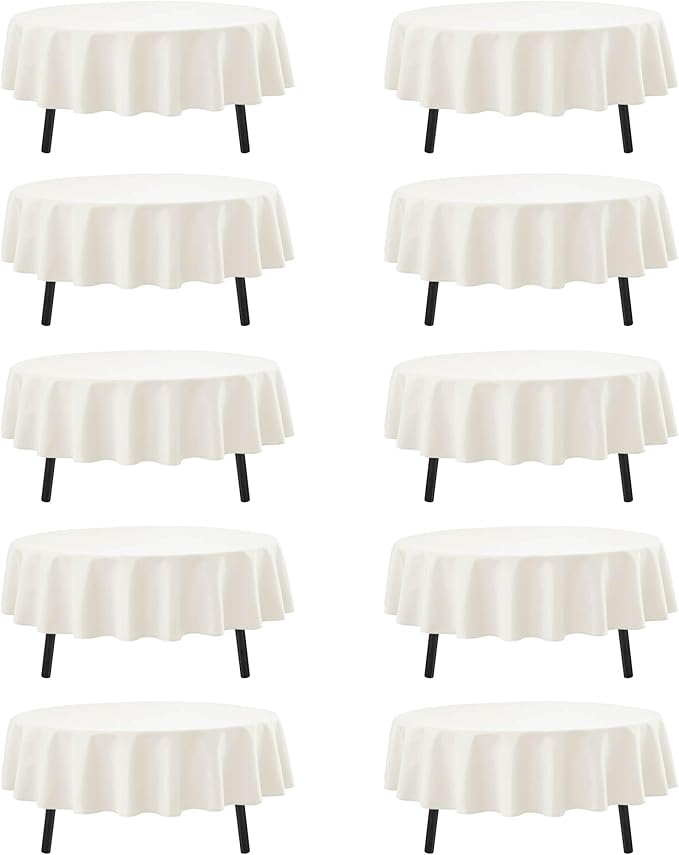 10-Pack Ivory Round Tablecloths, 70 Inches, Stain-Resistant Polyester for 3-4 Ft Round Tables - Washable Table Covers for Weddings, Banquets, Birthday Parties, Events
