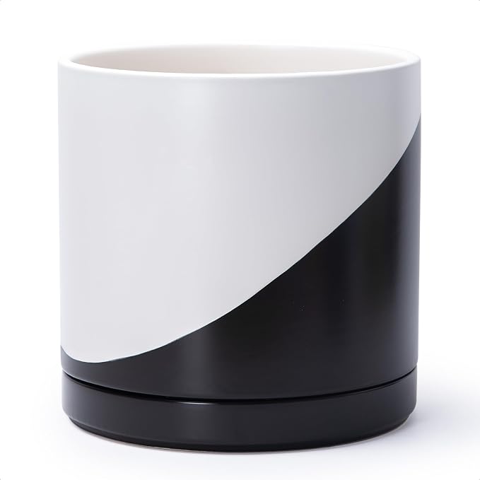 D'vine Dev 12 Inch Ceramic Planter Pot, Black White Diagonal, 94-O-F-K | Modern Cylinder Design, Drainage Hole & Saucer Included, Stable Structure, Elegant Home Accent