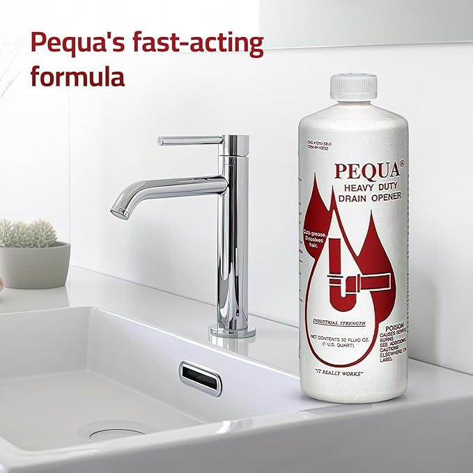 PEQUA INDUSTRIES Pequa Heavy Duty Drain Opener, Non-Acid, Fast-Acting Formula, Industrial strength Drain Cleaner for Sinks, Tubs, Septic Tanks - 32 Oz (4)