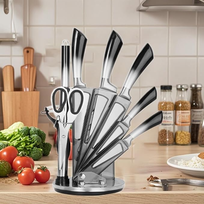 Kitchen Knife Set, 9 Pieces Purple Cleaver Knives Set with Rotatable Block, Non Stick Sharp Stainless Steel Chef Knife Set with Sharpener for Kitchen, Cooking Tools for Chefs Home Cooks (Black)