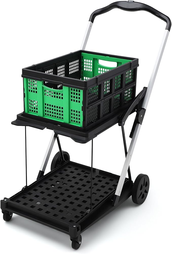 2 Tier Folding Shopping Carts for Groceries, 198 LB Capacity, Collapsible Portable Grocery Cart with Wheels & Removable Crate, Lightweight Foldable Shopping Trolley for Mall Market, Green