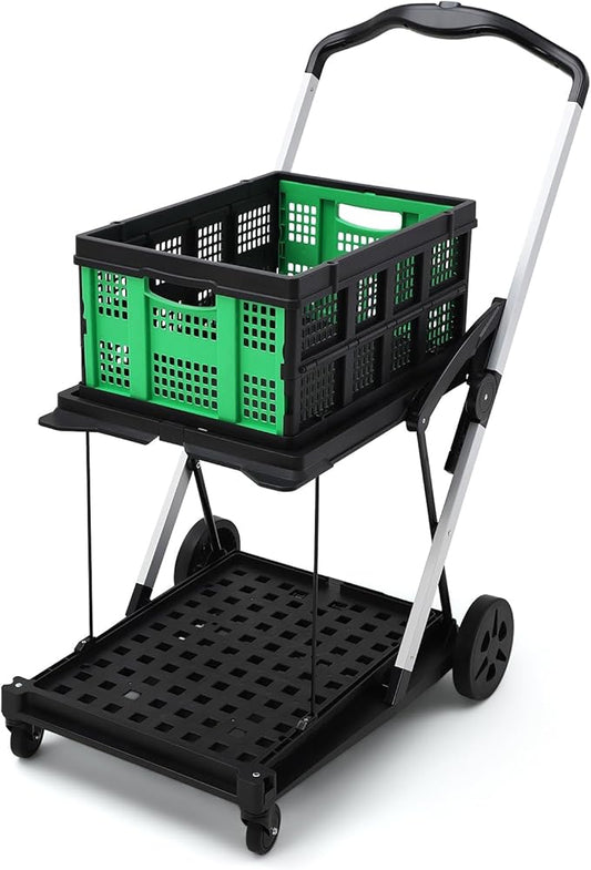 2 Tier Folding Shopping Carts for Groceries, 198 LB Capacity, Collapsible Portable Grocery Cart with Wheels & Removable Crate, Lightweight Foldable Shopping Trolley for Mall Market, Green