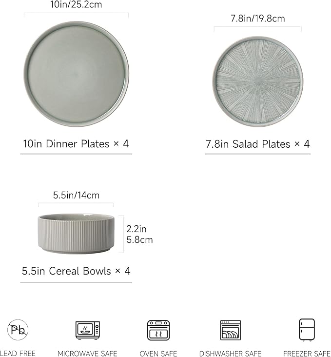 Dinnerware Sets for 4, Ceramic Plates and Bowls Set 12 Piece Dinnerware Chip Resistant Stoneware with Advanced Inkjet Printing Technology, Dishwasher and Microwave Safe-Sage Green
