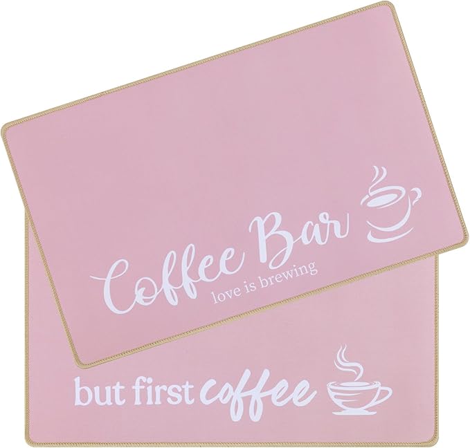 SHACOS Coffee Mat 2 Pack 12x19 Inch Absorbent Non Slip Rubber Bar Accessories Coffee Maker Mat for Countertop Dish Drying Mat Heat Resistant, Pink