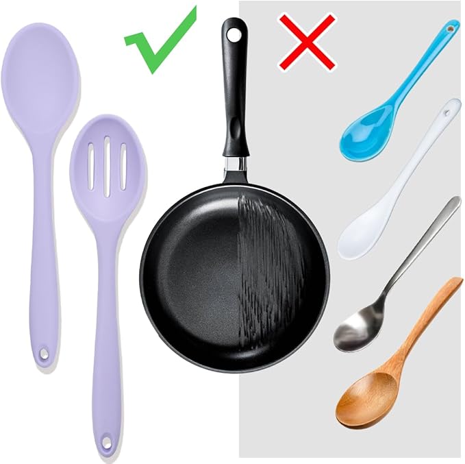 8 Pcs Heat Resistant Non Stick Silicone Serving Spoons Set -Ideal for Cooking, Baking, Mixing, Stirring Includes Slotted & Solid Spoons, Design for Nonstick Cookware (Purple)