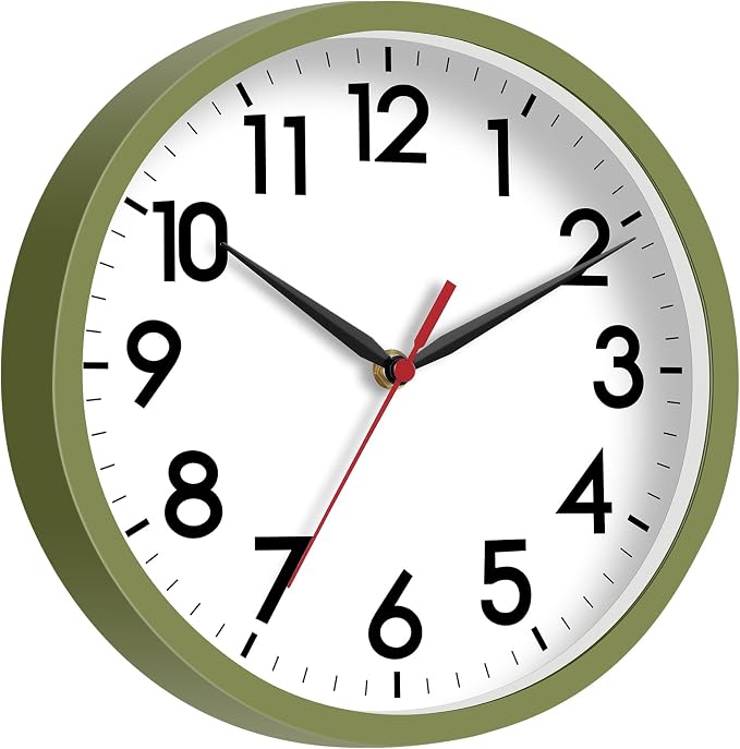AKCISOT 8 Inch Wall Clock, Battery Operated Analog Clock, Silent Non-Ticking, Ideal for Bedroom, Bathroom, Kitchen, Office and School, Olive Green