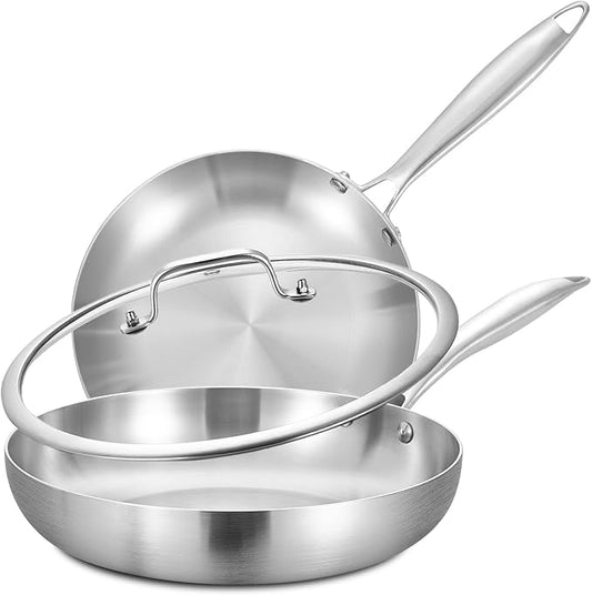 LOLYKITCH 8-12 Inch Tri-ply Stainless Steel Frying Pans Set with a Lid,Skillets,Induction Cooking Pans,Dishwasher and Oven Safe, Detachable Handle