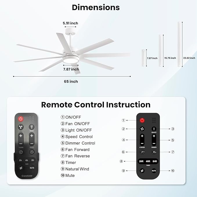 Modern Ceiling Fans with Lights, 65 Inch Ceiling Fan with Light and Remote for Bedroom Living Room Kitchen Office, Indoor/Outdoor Use, 24W 6CCT 8 Blades 6 Speed Reversible Quiet DC Motor, White