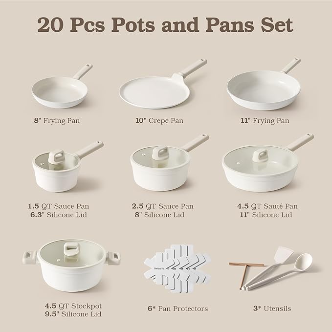 SENSARTE Ceramic Pots and Pans Set Nonstick, 20Pcs Cookware Set, White | Non Stick Ceramic Coating, Non-toxic Healthy Kitchen Cooking Set, Induction Compatible, Dishwasher Safe, PFAS/PTFE/PFOA Free