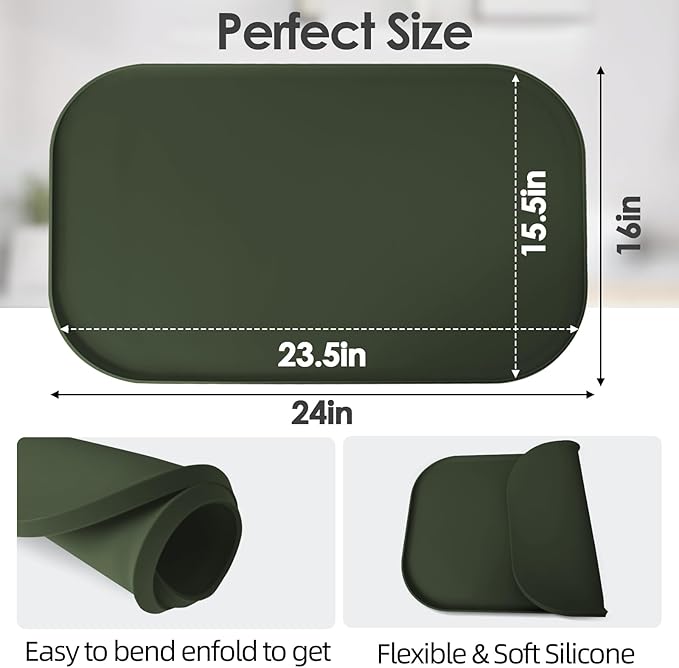 TOHONFOO Silicone Coffee Maker Mat with Lip, 24'' x 16'' Heavy Duty Coffee Maker Mat for Countertops, Coffee Tray Fit Under Coffee Machine Appliance Automatic Machines Espresso Accessory, Dark Olive