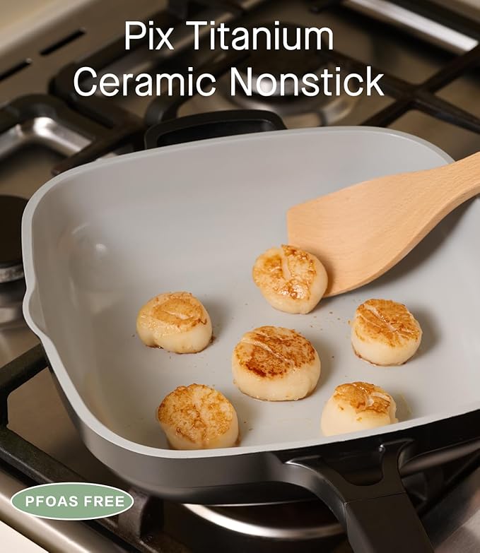 USELUCK 10.5 Inch(3.8QT) Ceramic Pan with Lid,Non Stick Frying Pans Cast Aluminum Deep Sauté Pans,Ti-Ceramic Non Toxic Pix Pan with Wooden Spatula and Scrubber-Midnight Hearth