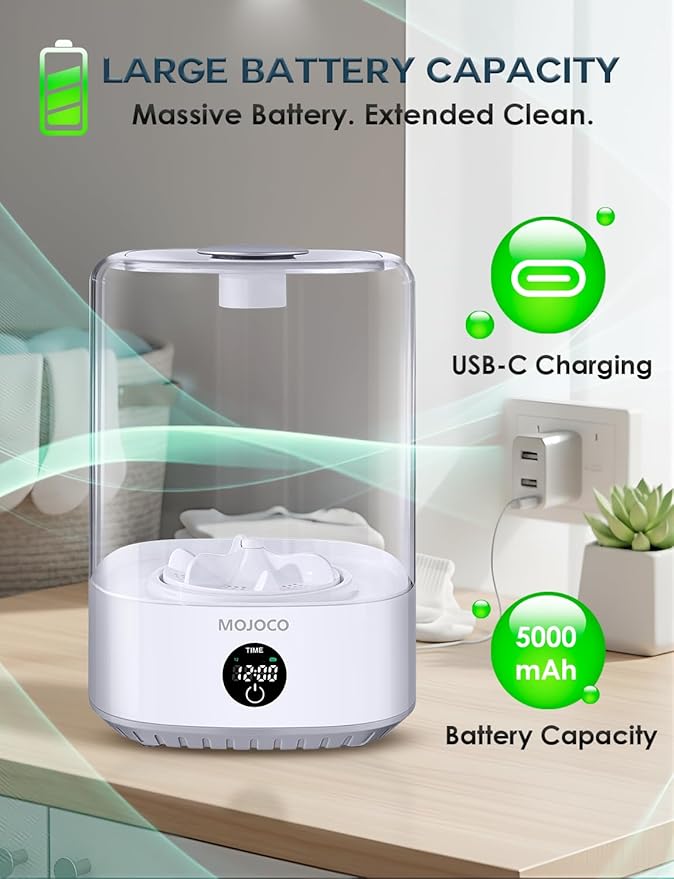MOJOCO Mini Washing Machine - 4L Small Portable Washing Machine with 3 Wash Modes for Underwear, Socks & Baby Clothes - Rechargeable Countertop Mini Washer for Dorms, Hotels, Travel & Camping