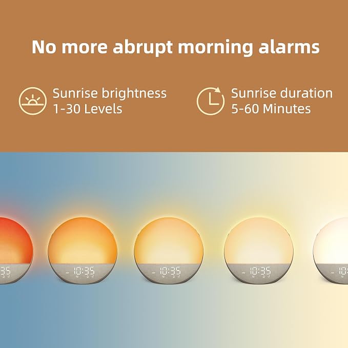 Odokee Sunrise Alarm Clock White Noise Machine: Natural Wake Up Light | Dimmable Clock with Bluetooth Speaker for Bedroom - 25 Sleep Sounds for Baby Adults Kids Cocoa