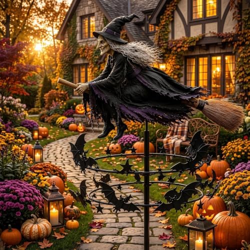 2PCS The Enchanted Witch Garden Wind Spinner, Metal Halloween Yard Art Outdoor Garden Decor, Outdoor Garden Stake Decoration, Halloween Lawn Ornament Wind Spinners for Halloween Yard Patio Pathway