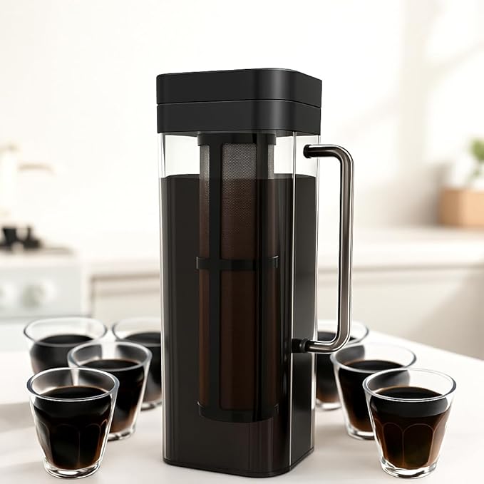 SlimFit 64oz Cold Brew Coffee Maker, Leakproof and fits for fridge door, Ergonomic Handle - BPA-Free Plastic with filter, Large 2L capacity, Black (1), Iced Tea Pitcher, Fruit Infused Filter Pitcher
