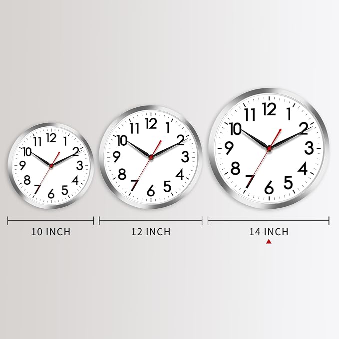 AKCISOT 14 Inch Wall Clock, Battery Operated Analog Clock, Silent Non-Ticking, Ideal for Bedroom, Bathroom, Kitchen, Office and School, Silver