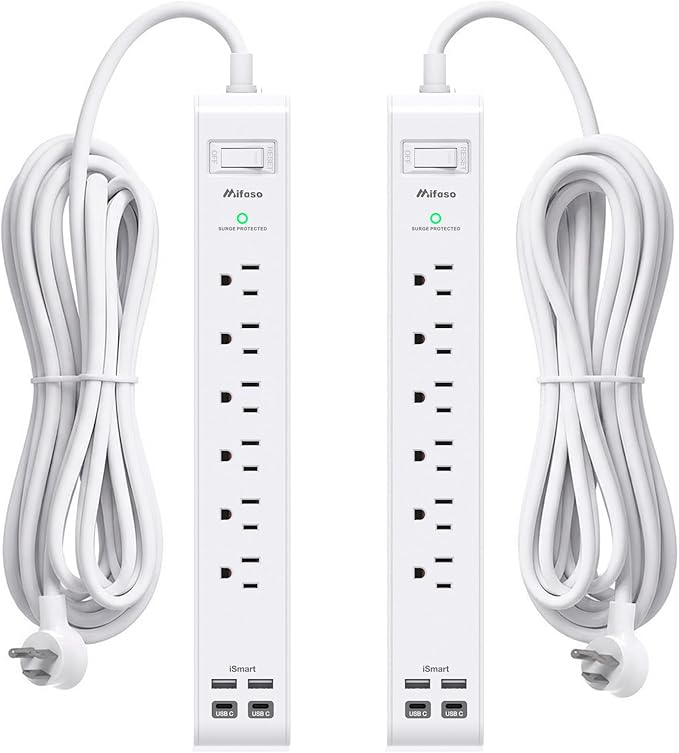 2 Pack Power Strip, 12FT Extension Cord, Surge Protector with 6 Outlets and 4 USB Ports (2 USB C), Extension Cord with Multiple Outlets, Flat Plug Overload Protection, Wall Mount for Home Dorm College