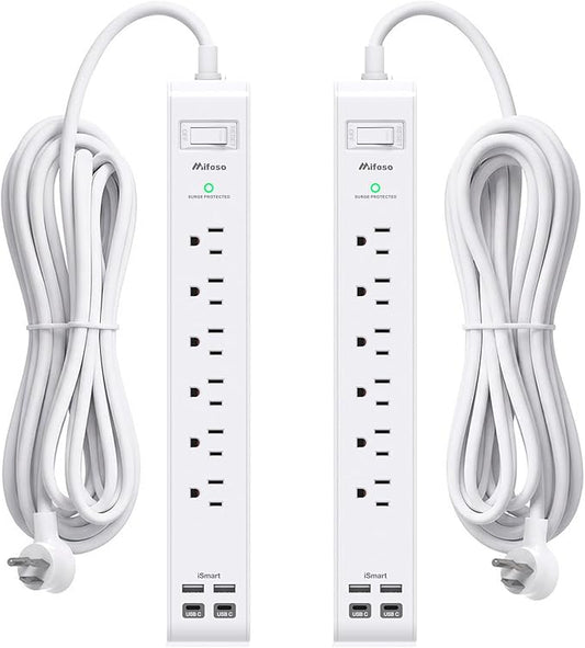 2 Pack Power Strip, 12FT Extension Cord, Surge Protector with 6 Outlets and 4 USB Ports (2 USB C), Extension Cord with Multiple Outlets, Flat Plug Overload Protection, Wall Mount for Home Dorm College