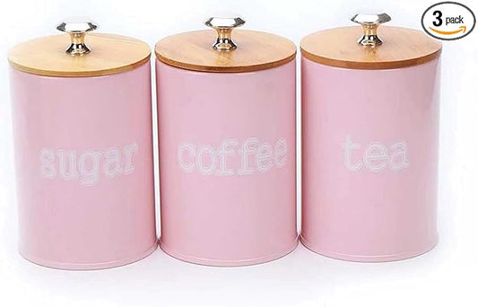 X022S Set of 3 Metal Food Storage Tin Canister/Jar with Bamboo Lid (matte pink)