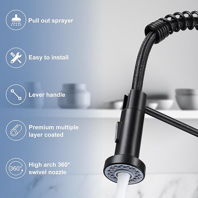 DJS Kitchen Faucets with Pull Down Sprayer Single Handle 1 or 3 Holes Spring Kitchen Sink Faucet with Deck Plate for Farmhouse RV Vessel Basin (Matte Black)