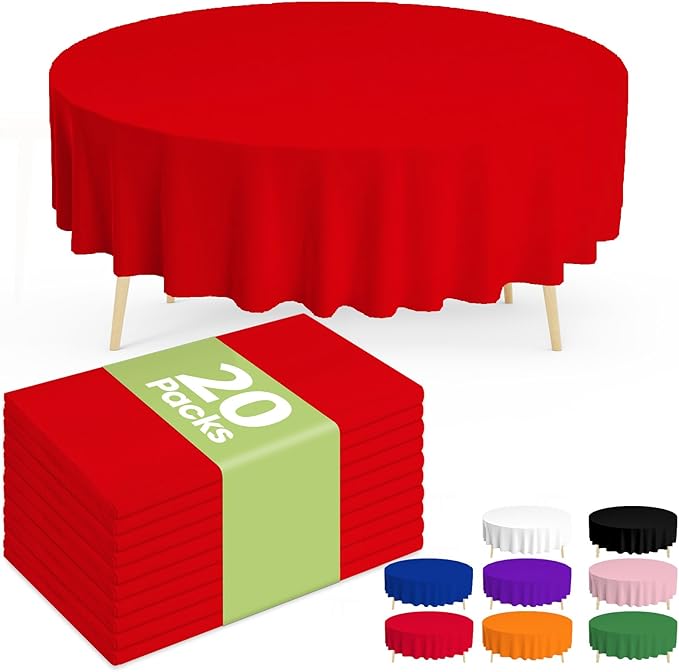 Pureegg Plastic Table Cloth Disposable 20 Pack, 84'' Round Table Cloths, Valentines Day, Thanksgiving, Christmas Decorations, Fall Tablecloths, Round, Plastic Cover, Leakproof & Sturdy, Red