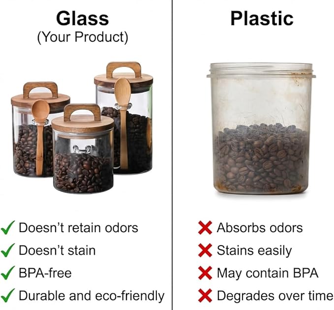 Glass Food Storage Canisters with Airtight Bamboo Lids, Set of 3 Clear Glass Jars with Spoons, 24oz Stackable Kitchen Containers for Coffee, Tea, Sugar, Flour & Pantry Organization