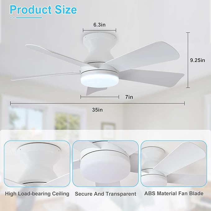 Depuley Modern Ceiling Fan with Light: 35-Inch White Small Fans for Bedroom Indoor Outdoor - Dimmable Low Profile Ceiling Fans with Remote Control Flush Mount 5 Reversible White Blades 6 Speeds Timer