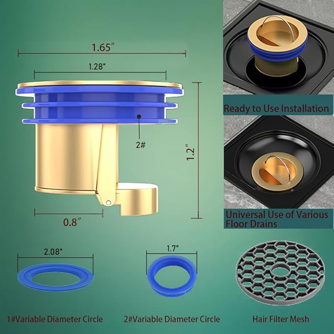 2 Pack Floor Drain Odor Stopper, Floor Drain Backflow Preventer, Brass One Way Anti-Odor Check Valve, Fits 1.28-2.08 Inch Diameter for Shower or Basement