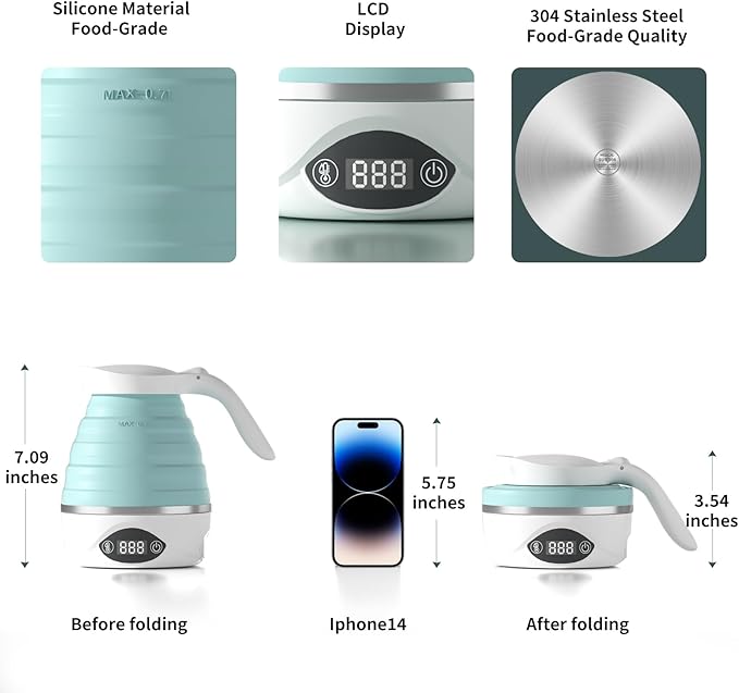AUCOO Collapsible Travel Kettle Electric Portable Foldable Kettle for Boiling Water, Suitable for 110V & 220V Dual Voltage, for Tea & Coffee, 850W Small Mini BPA-free Silicone Blue electric kettle