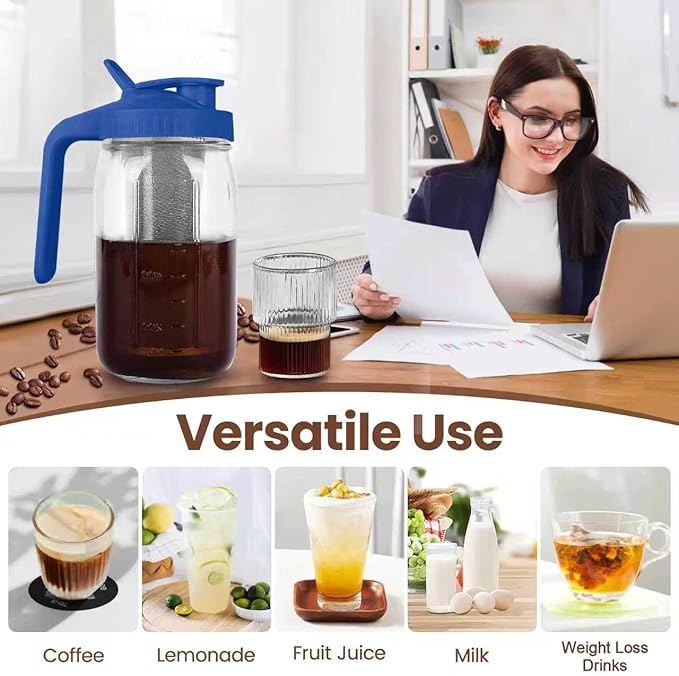 Cold Brew Coffee Maker,32 oz Mason Jar Pitcher with Stainless Steel Filter, Pour Spout Handle Lid, Heavy Duty Glass Airtight & Leak-Proof Pitcher for iced coffee Tea Lemonade-Blue