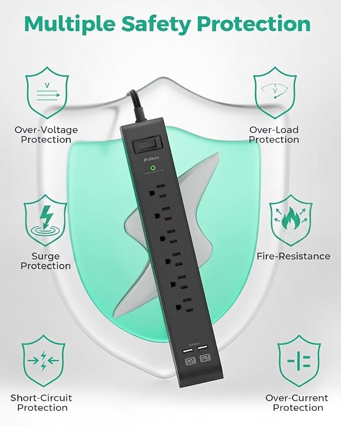 2 Pack Power Strips Surge Protector, 25FT Flat Extension Cord with Multiple Outlets, 6 Outlets 4 USB Charging Ports, Flat Plug, Overload Protection, Wall Mount for Home Dorm Office