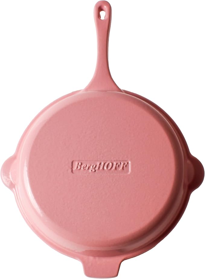 BergHOFF Neo 4Pc Enameled Cast Iron Cookware Set, Grill Pan 11 inches, Fry Pan 10 inches, 3qt. Dutch Oven, Matching Lid, Fast, Evenly Heat, Oven Safe (Pink)