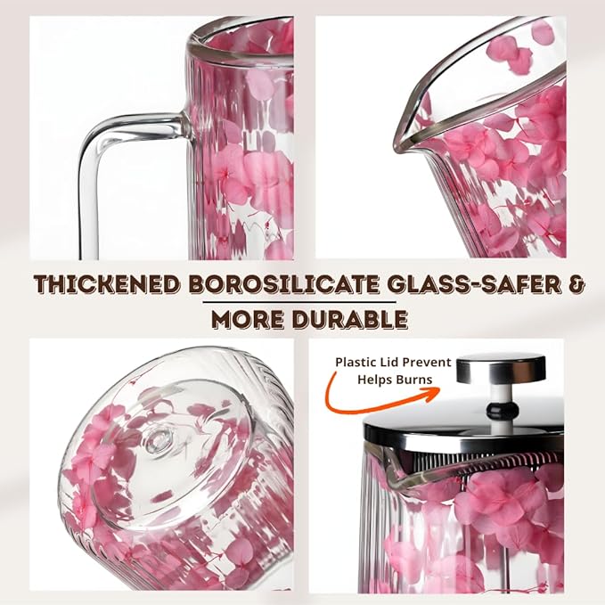 Glass French Press Coffee Maker 22oz (Pink Floral) – Double-Wall Borosilicate Ribbed Coffee Press with Stainless Steel Filter, Manual Coffee Brewer & Tea Press
