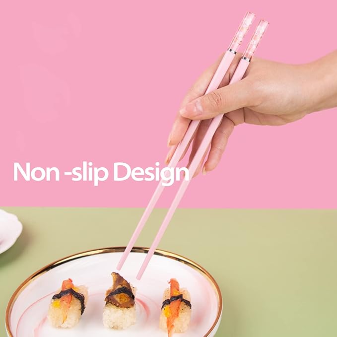 5 Pairs Fiberglass Chopsticks, Reusable Premium Japanese Chinese Korean Chopsticks Dishwasher Safe, Non-slip, Lightweight, 9.6 inches, Pink-Clear Sakura