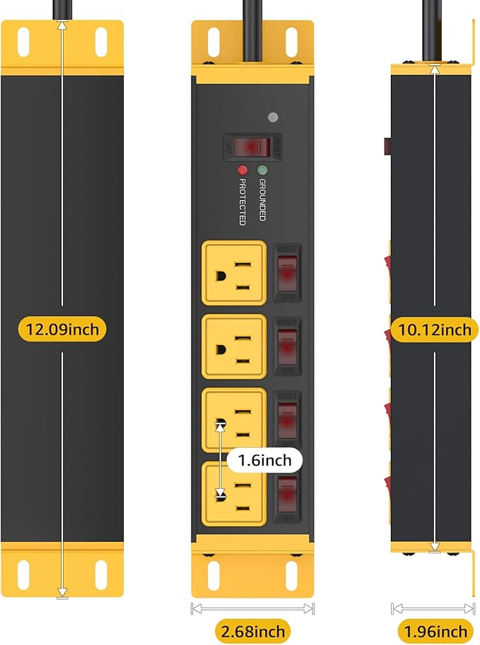 CCCEI Heavy Duty Surge Protector Power Strip 20 Amp Individual Switches. 15FT 12 Gauge Extension Cord with Multiple Outlets. Kitchen, Garage, Shop, Industrial Wall Mount Electric Extender, Yellow.