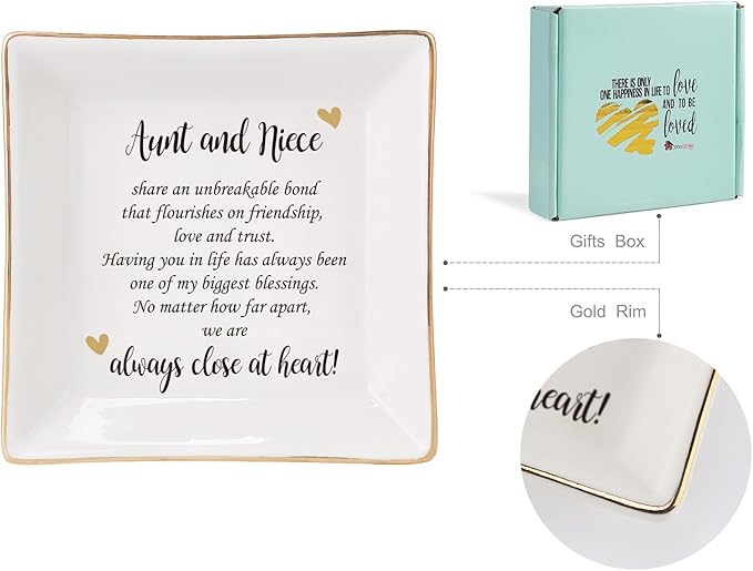 HOME SMILE Mother's Day Aunt Gifts from Niece,Aunt and Niece Gifts,Ceramic Jewelry Dish Tray for Aunts BirthdayValentine's,Thanksgiving,Xmas-Aunt and Niece Share an Unbreakable Bone