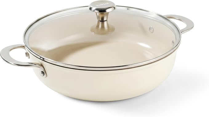 Redchef Ceramic Stock Pot, 4 QT Soup Pot with lid, Induction Cooking Pot Stockpot for All Stoves, Nonstick Pasta Pot for Stews, Even Heating, Stay Cool Handle, Oven/Dishwasher Safe, PFAS Free (Beige)