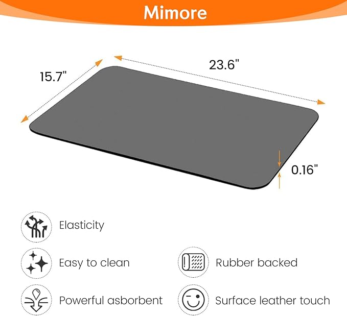 Mimore Coffee Mat - 16x24 Inch Grey Countertop Mat - Absorbent, Hides Stains, Rubber Backed - Dish Drying Mat Fits Under Coffee Maker, Espresso Machine