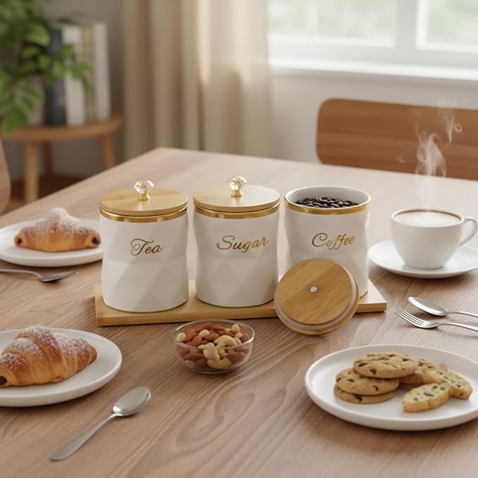White Ceramic Storage Canister for Coffee Sugar Tea Containers Set of 3, Coffee Sugar Tea Canisters Set with Bamboo Lids and Tray, Airtight Food Storage Jars for Kitchen Pantry