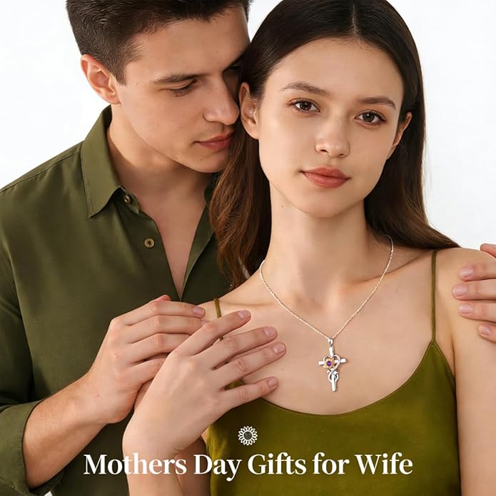 Iefil Mothers Day Gifts for Wife Mom - Sunflower Cross Necklace, 925 Sterling Silver Birthstone Necklace for Women Wife Mom