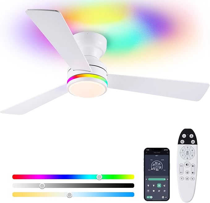 Asyko 46" White RGB Ceiling Fans with Lights and Remote,Low Profile Ceiling Fans with Quiet Reversible DC Motor,Modern Flush Mount Ceiling Fan Light for Bedroom Kids Room
