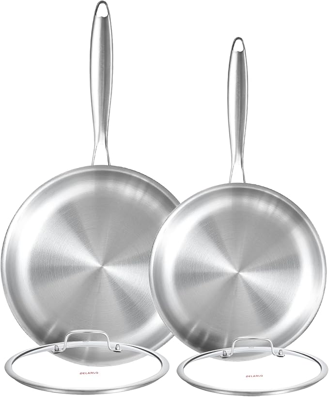 DELARLO Tri-ply Stainless Steel Frying Pan Set with Lid 8" 10" | Induction Large Skillets, Chef's Pan, Pots and Pans Set, PTFE & PFOA Free, Suitable for All Stove