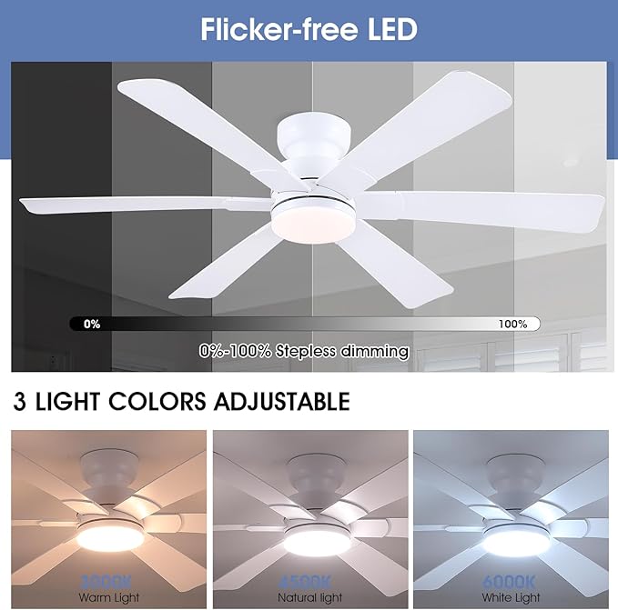 Asyko 52" Low Profile Ceiling Fans with Lights and Remote, White Indoor Ceiling Fan Light with Quiet Reversible DC Motor,Modern Flush Mount Ceiling Fans with Dimmable LED for Bedroom Kitchen