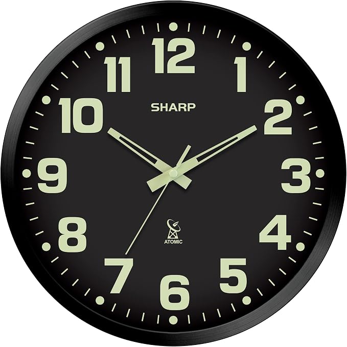 Sharp Glow in the Dark Atomic Analog Wall Clock - 12" Clock with Black Frame - Sets Automatically - Battery Operated - Easy to Read - Easy to Use – See Day or Night!