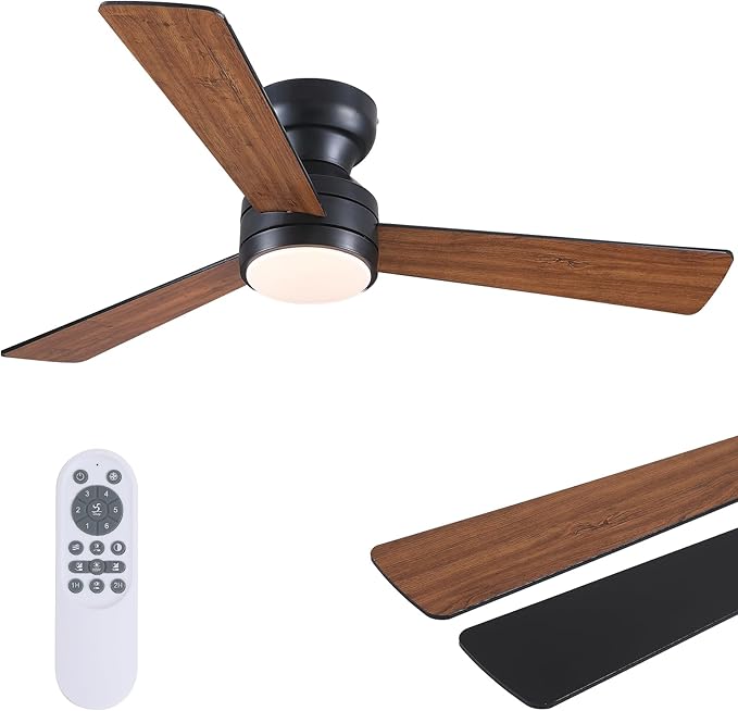 Asyko 46" Brown Low Profile Ceiling Fans with Lights and Remote, Modern Indoor Ceiling Fan Light with Quiet Reversible DC Motor, Flush Mount Ceiling Fans with Dimmable LED for Bedroom Kitchen