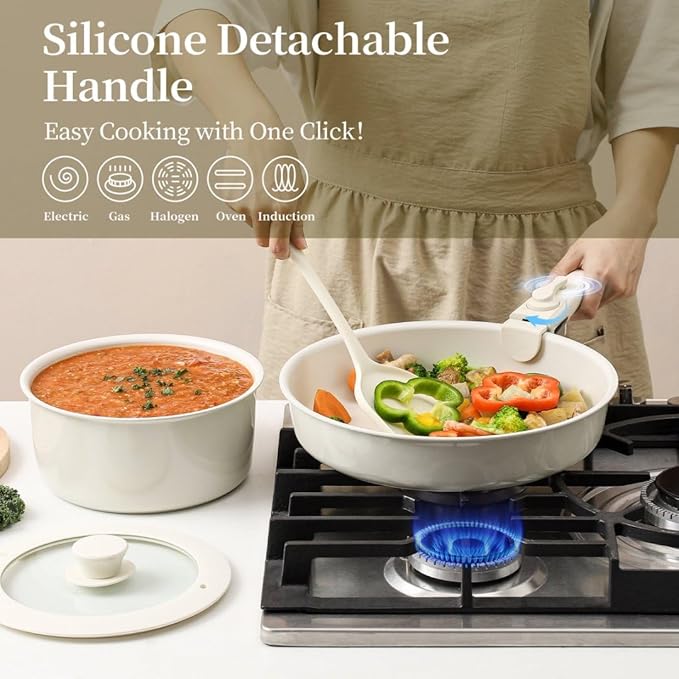 Pots and Pans Sets Non Stick，6PCS Ceramic Cookware Sets Nonstick Detachable Handle，Induction hob Pans(beige)